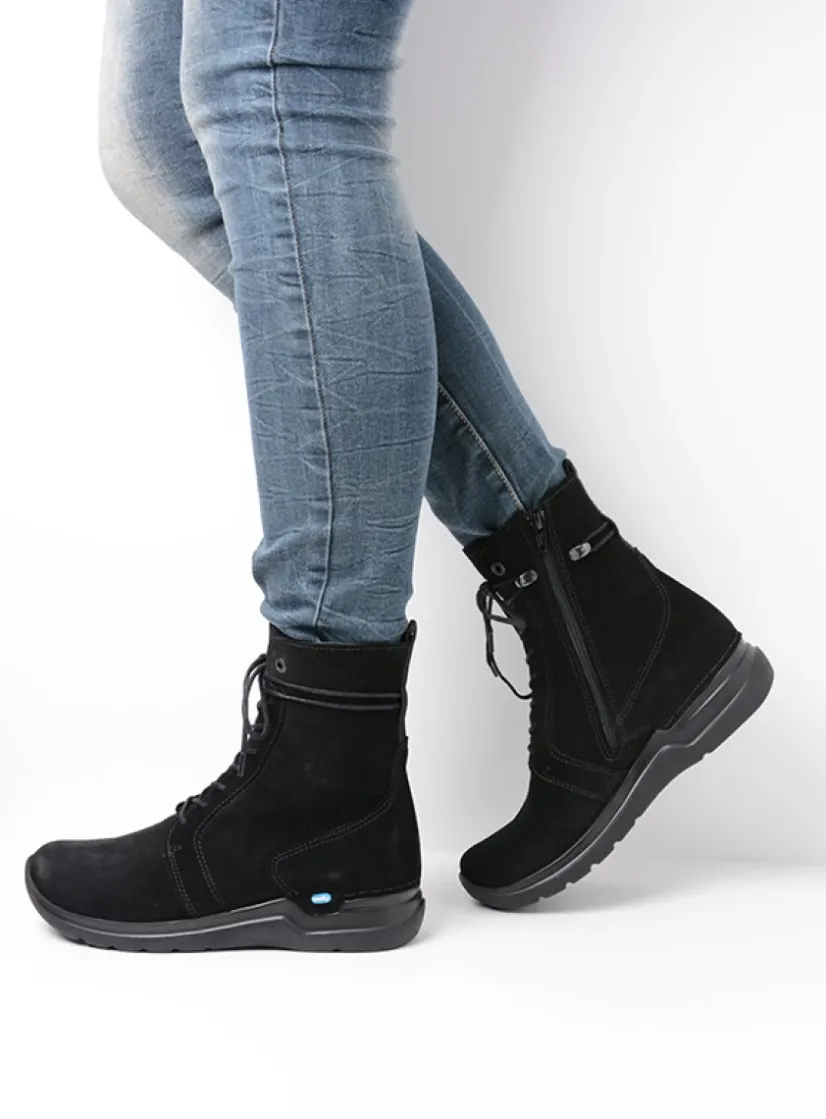 Wolky Bluff - zwart suede<DAMES Hoge Veterschoenen|Veterlaarzen