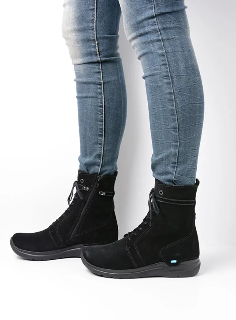 Wolky Bluff - zwart suede<DAMES Hoge Veterschoenen|Veterlaarzen