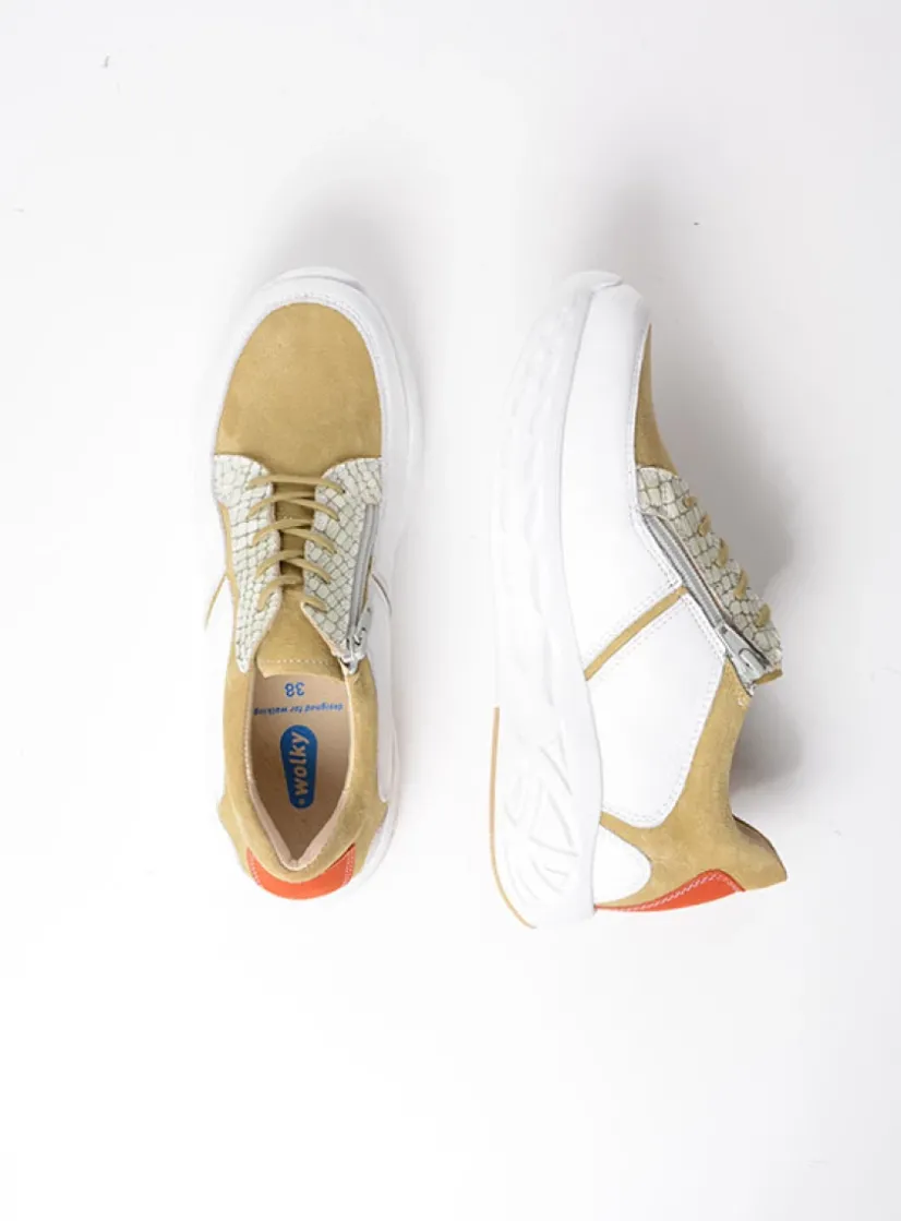 Wolky Bounce - wit/groen combi leer<DAMES Lage Veterschoenen|Wandelschoenen