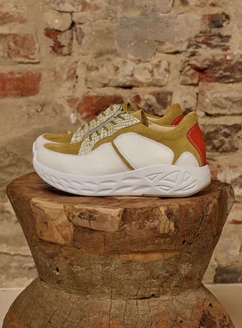 Wolky Bounce - wit/groen combi leer<DAMES Lage Veterschoenen|Wandelschoenen