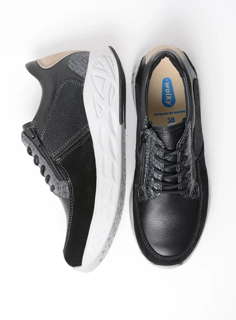 Wolky Bounce - zwart combi leer<DAMES Lage Veterschoenen|Wandelschoenen
