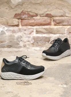 Wolky Bounce - zwart combi leer<DAMES Lage Veterschoenen|Wandelschoenen