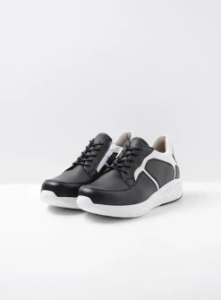 Wolky Bounce - zwart/wit leer<DAMES Lage Veterschoenen|Wandelschoenen