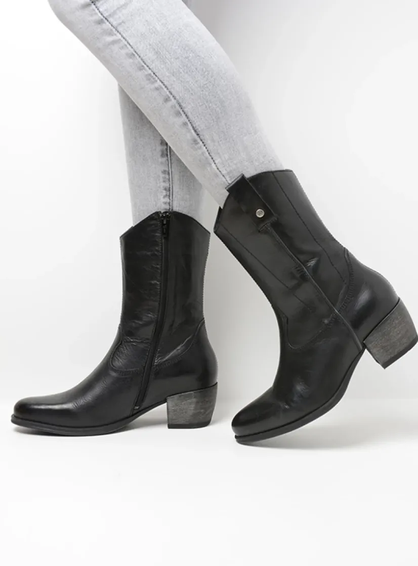 Wolky Caprock - zwart leer<DAMES Halfhoge Laarzen|Cowboylaarzen