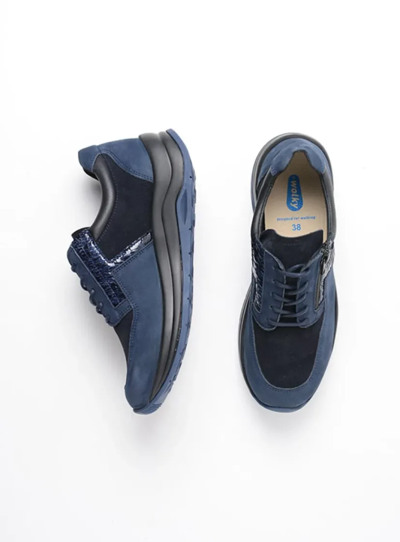 Wolky Comrie - blauw combi leer<DAMES Lage Veterschoenen|Wandelschoenen