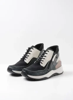 Wolky Crown S2F - zwart/gebroken wit stretchleer<DAMES Hoge Veterschoenen|Wandelschoenen