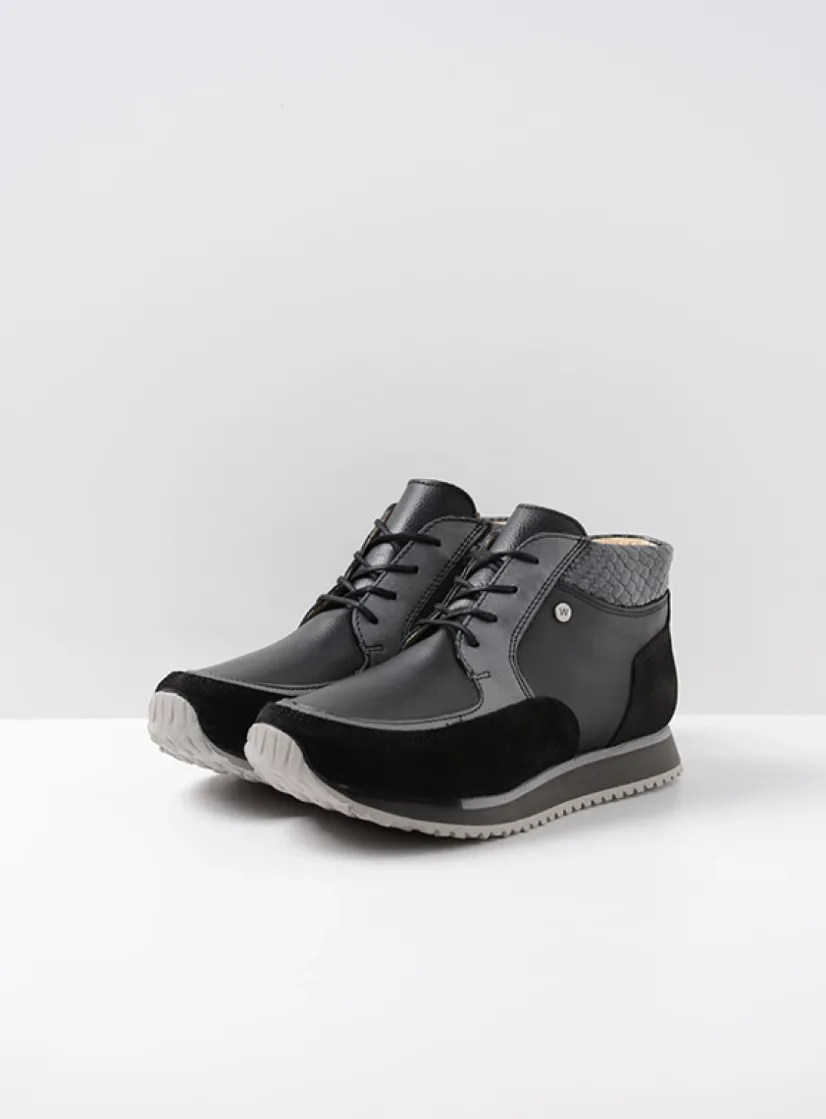 Wolky e-Boot - zwart combi leer<DAMES Hoge Veterschoenen|Wandelschoenen