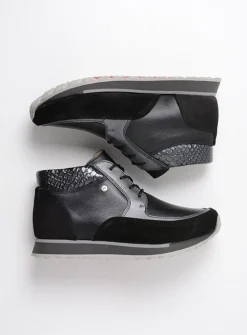 Wolky e-Boot - zwart combi leer<DAMES Hoge Veterschoenen|Wandelschoenen
