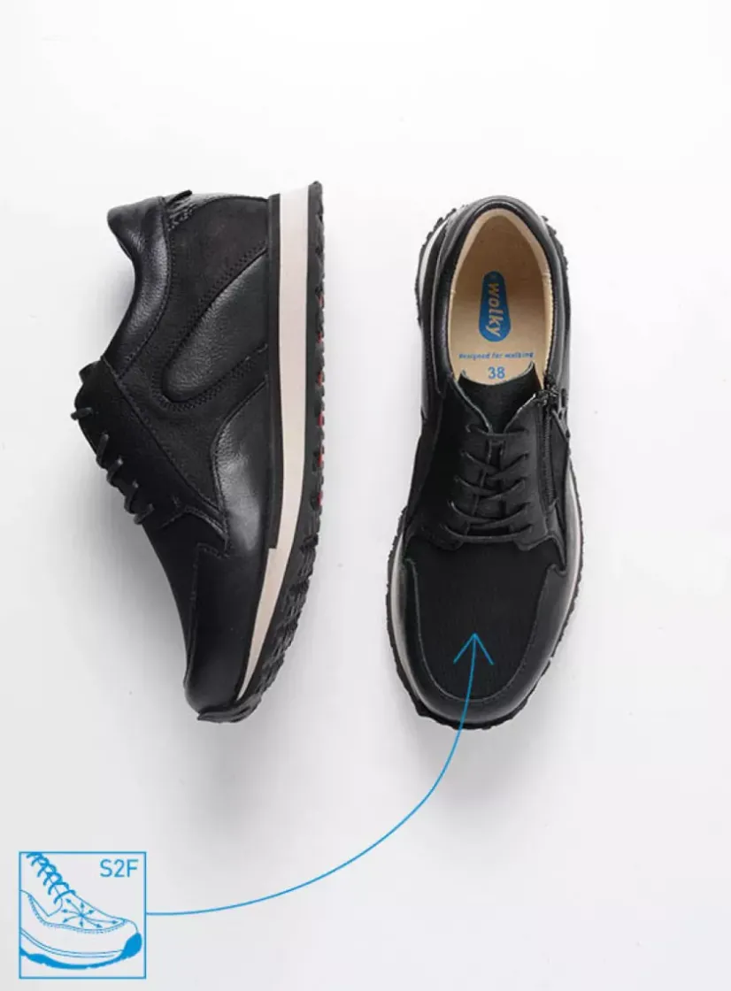 Wolky e-Go S2F - zwart combi stretchleer<DAMES Lage Veterschoenen|Wandelschoenen