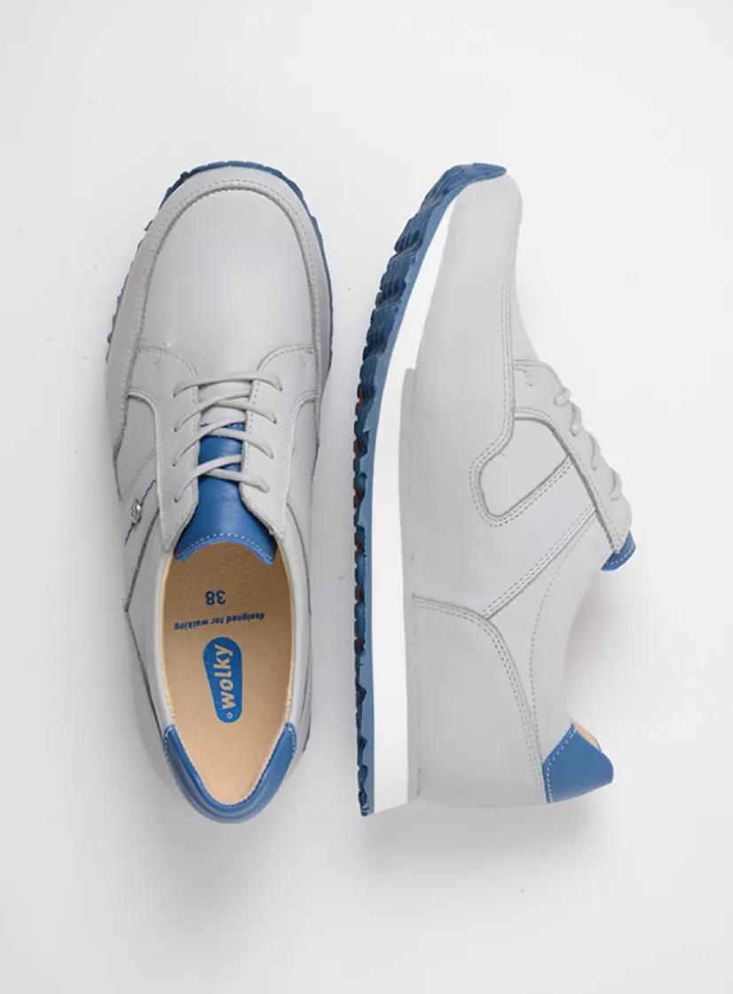 Wolky e-Walk - lichtgrijs/atlantisch blauw leer<DAMES Lage Veterschoenen|Wandelschoenen