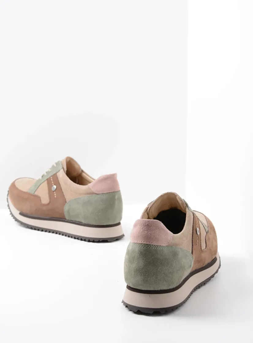 Wolky e-Walk - taupe grijsgroen combi leer<DAMES Lage Veterschoenen|Wandelschoenen