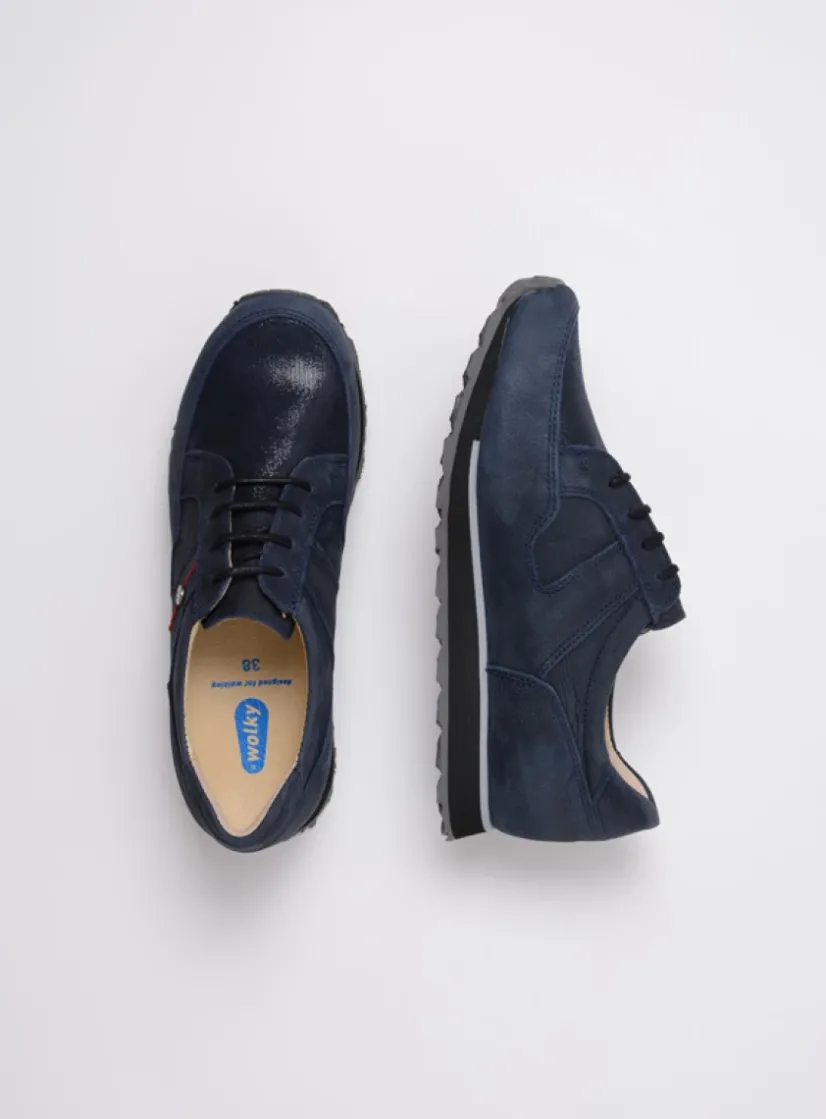 Wolky e-Walk - winterblauw stretch nubuck<DAMES Lage Veterschoenen|Wandelschoenen