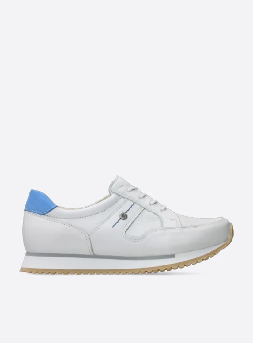 Wolky e-Walk - wit/blauw leer<DAMES Lage Veterschoenen|Wandelschoenen
