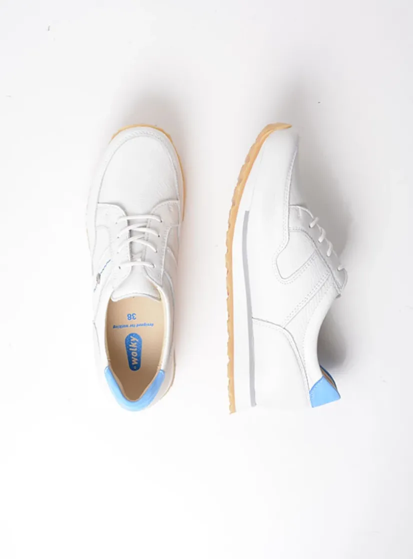 Wolky e-Walk - wit/blauw leer<DAMES Lage Veterschoenen|Wandelschoenen