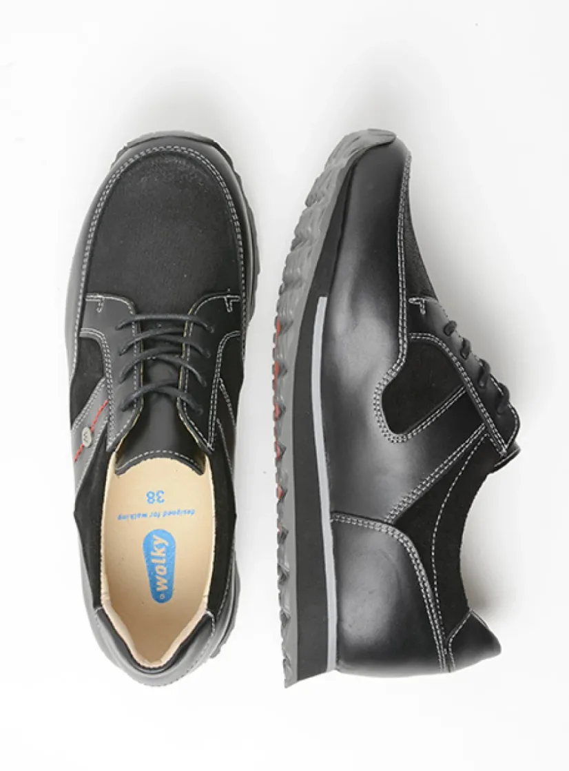 Wolky e-Walk - zwart combi stretch leer<DAMES Lage Veterschoenen|Wandelschoenen