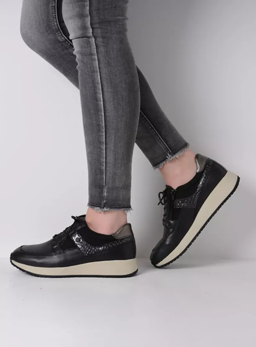 Wolky Hammer - zwart combi leer<DAMES Lage Veterschoenen|Sneakers