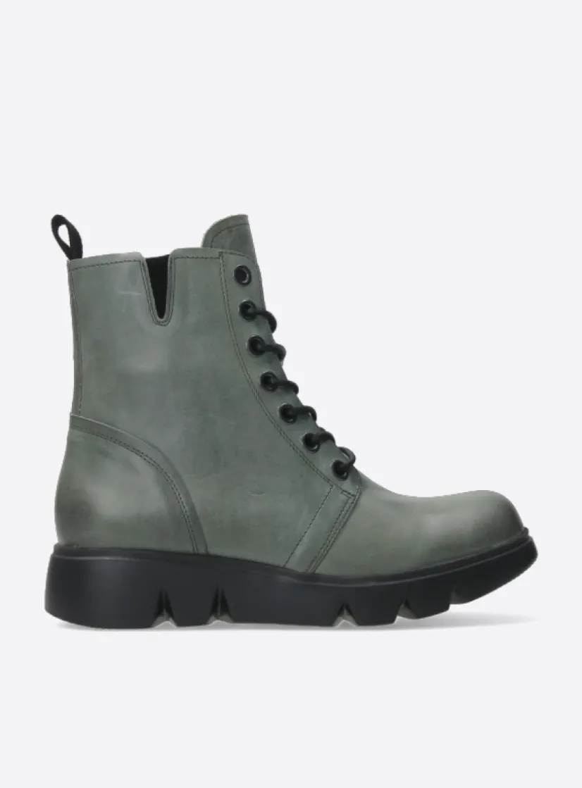 Wolky Hope XW - grijs groen leer<DAMES Hoge Veterschoenen|Veterlaarzen
