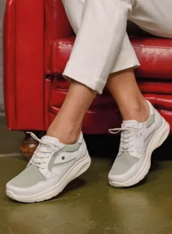 Wolky Impact S2F - wit/grijsgroen combi stretchleer<DAMES Lage Veterschoenen|Sneakers