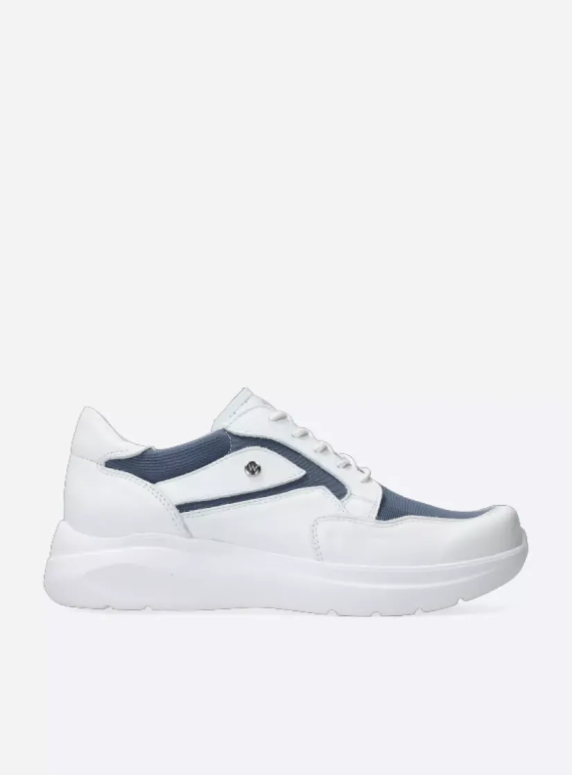 Wolky Impact S2F - wit/jeans combi stretch leer<DAMES Lage Veterschoenen|Sneakers