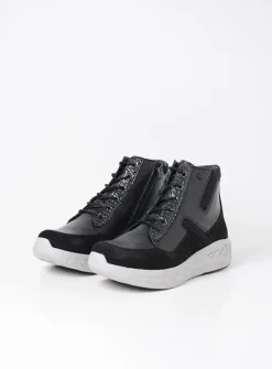 Wolky Leap - zwart combi leer<DAMES Hoge Veterschoenen|Wandelschoenen