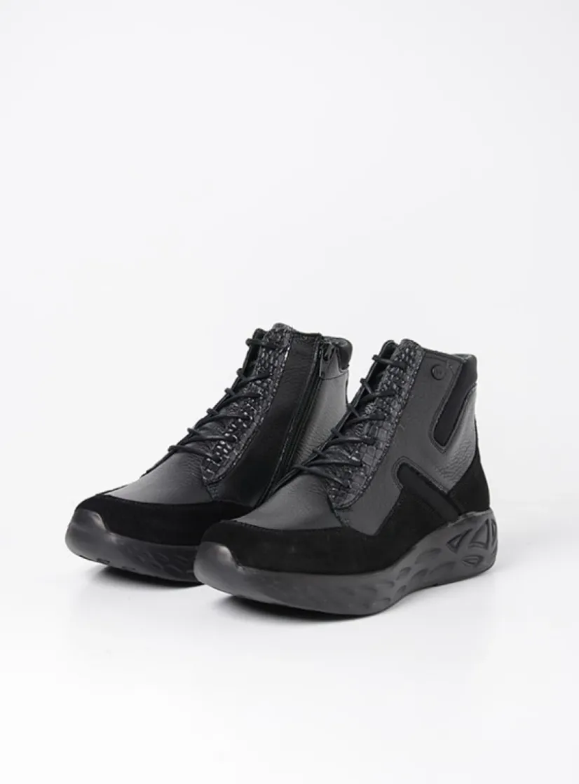 Wolky Leap - zwart combi leer/zwart<DAMES Hoge Veterschoenen|Wandelschoenen