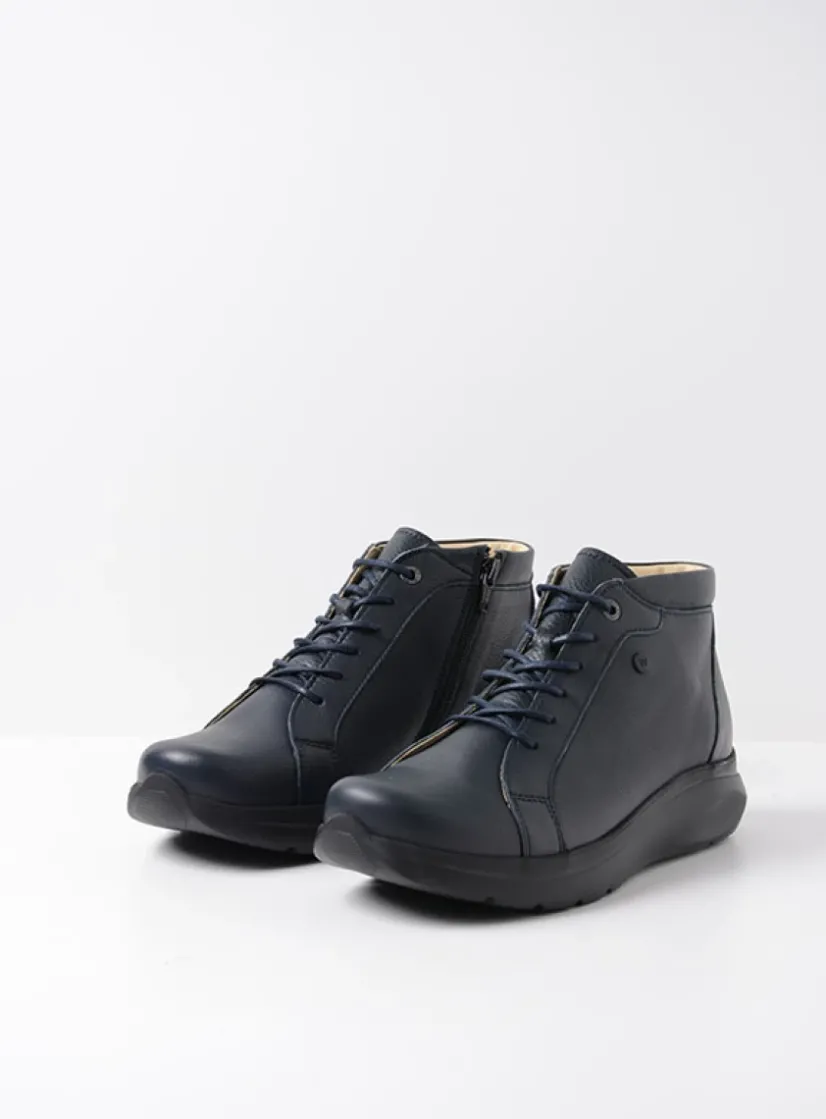 Wolky Lima - blauw leer<DAMES Hoge Veterschoenen|Wandelschoenen