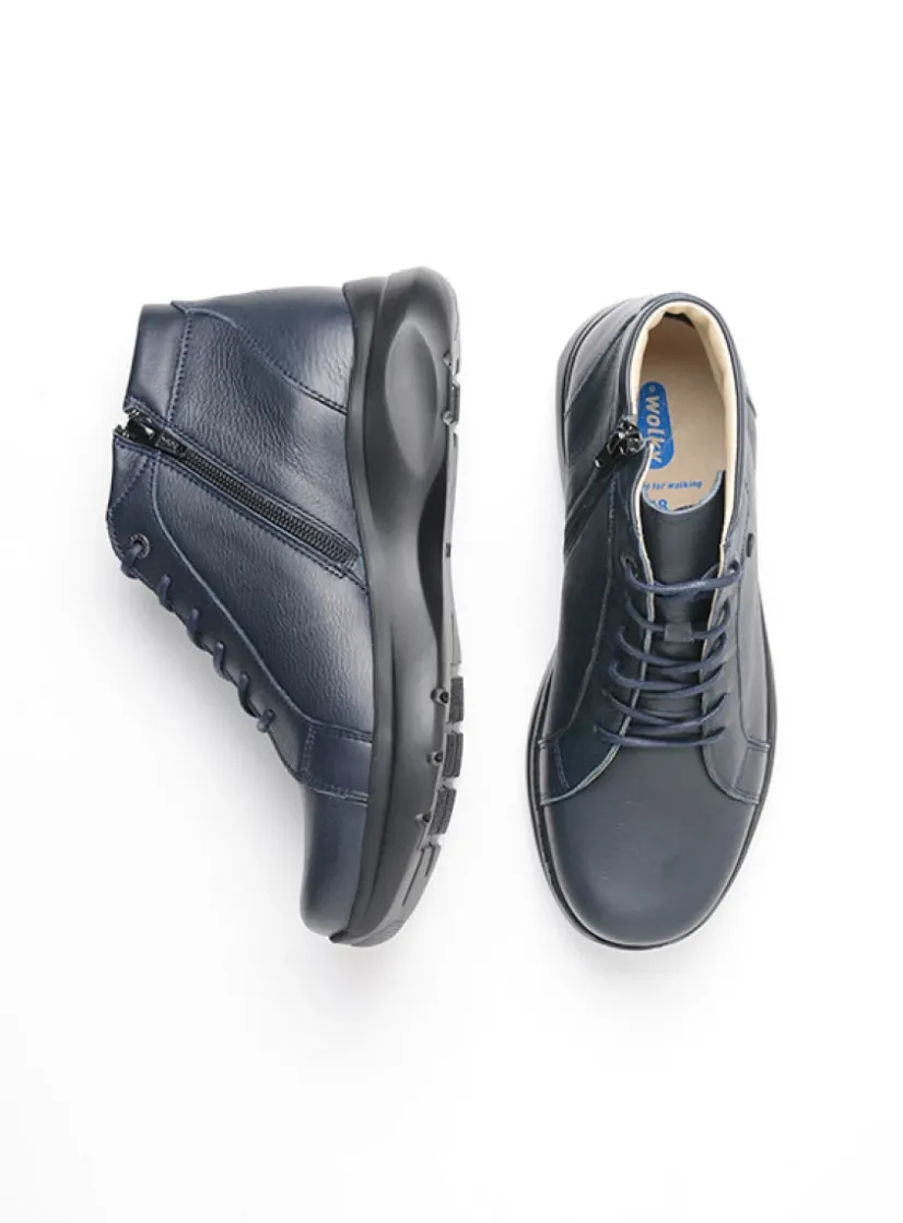 Wolky Lima - blauw leer<DAMES Hoge Veterschoenen|Wandelschoenen