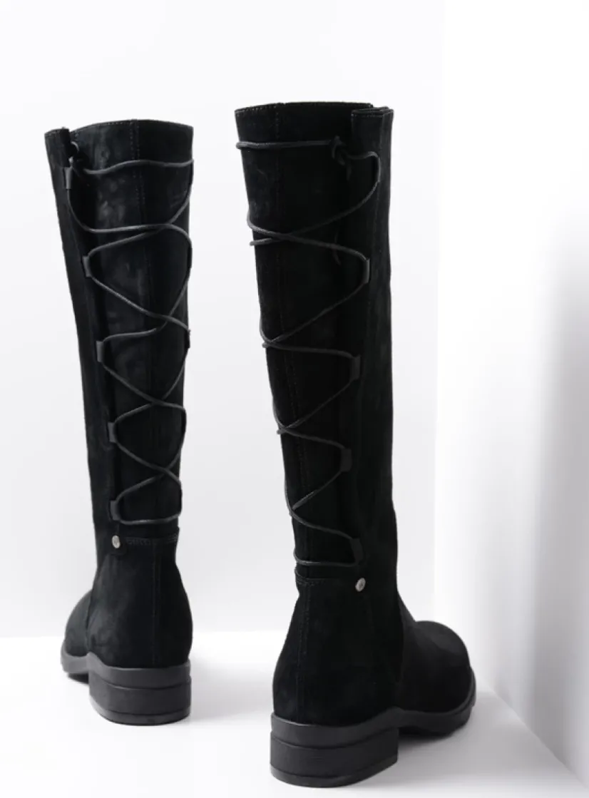 Wolky Longview - zwart suede<DAMES Veterlaarzen|Lange Laarzen