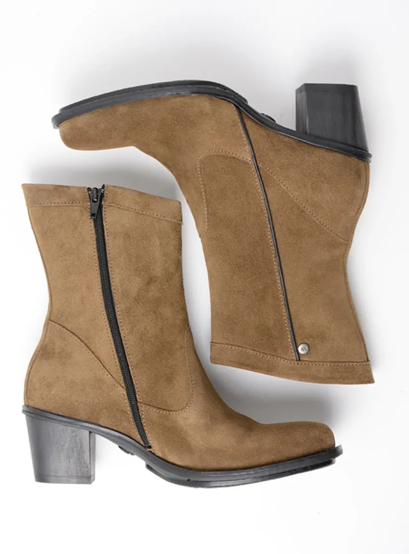 Wolky Mallow - donker taupe suede<DAMES Halfhoge Laarzen|Enkellaarsjes