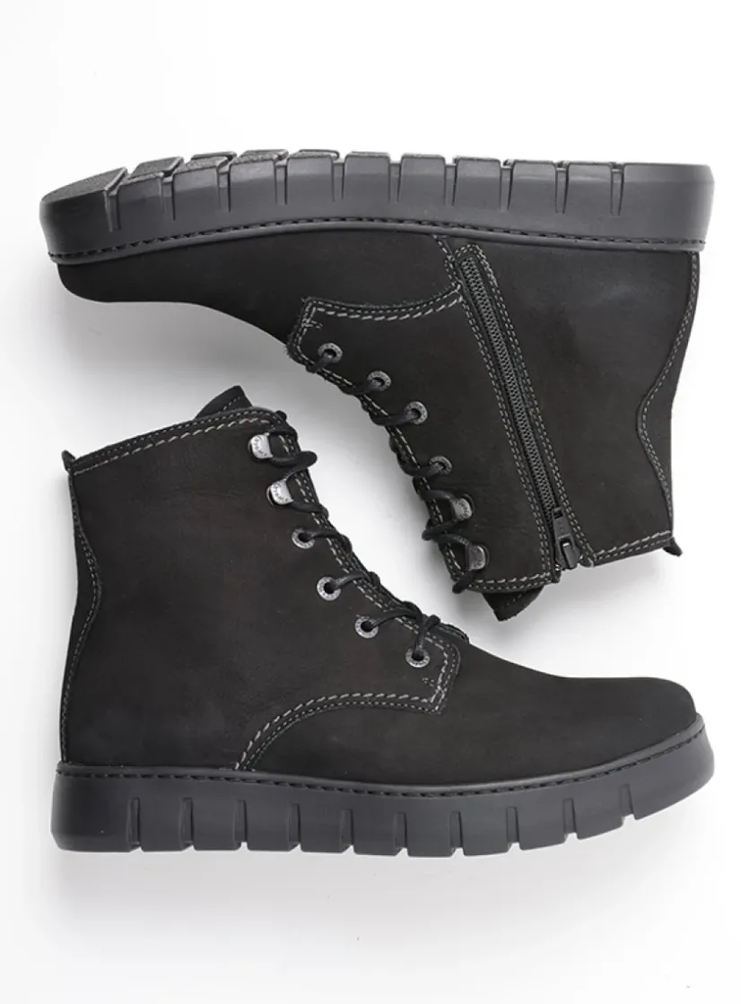 Wolky New Wave - zwart nubuck<DAMES Hoge Veterschoenen|Veterlaarzen