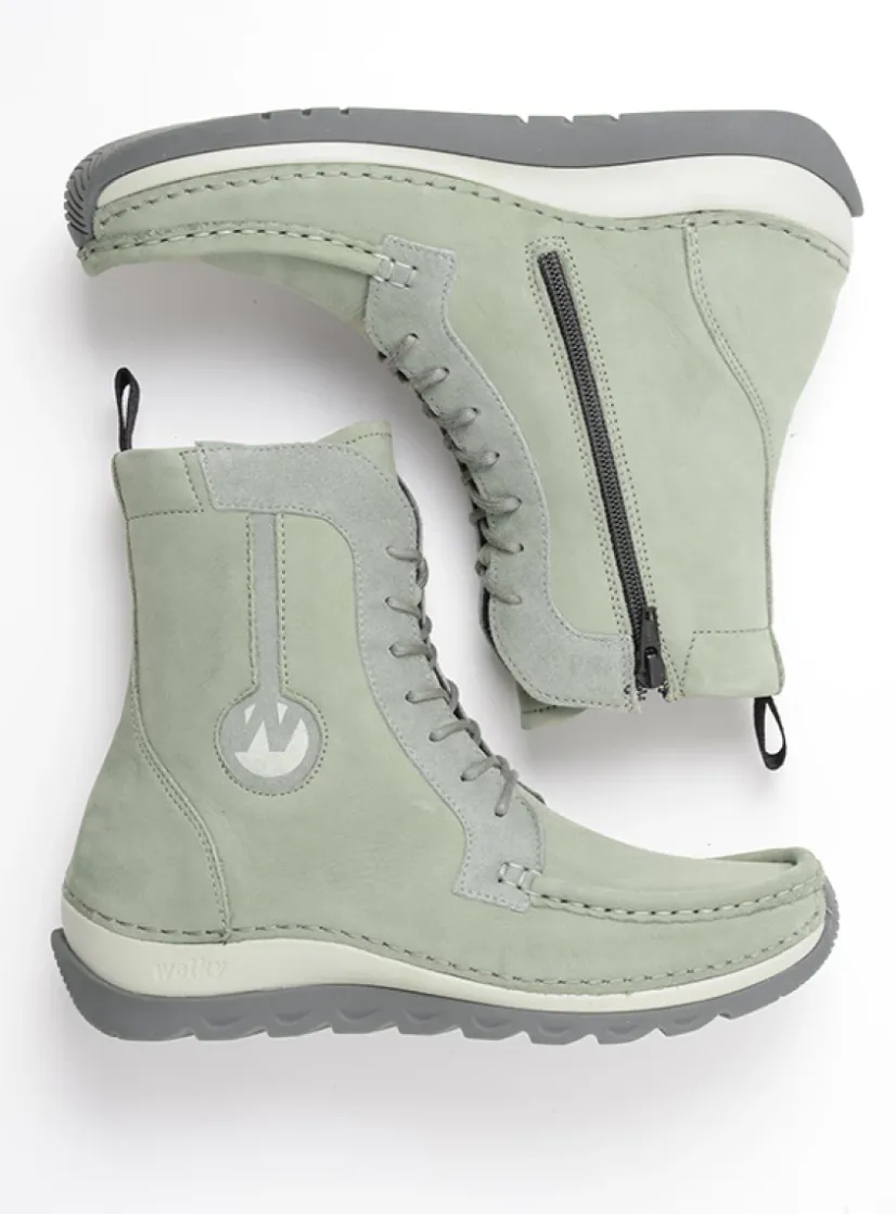 Wolky Ocean - grijsgroen nubuck<DAMES Hoge Veterschoenen|Veterlaarzen