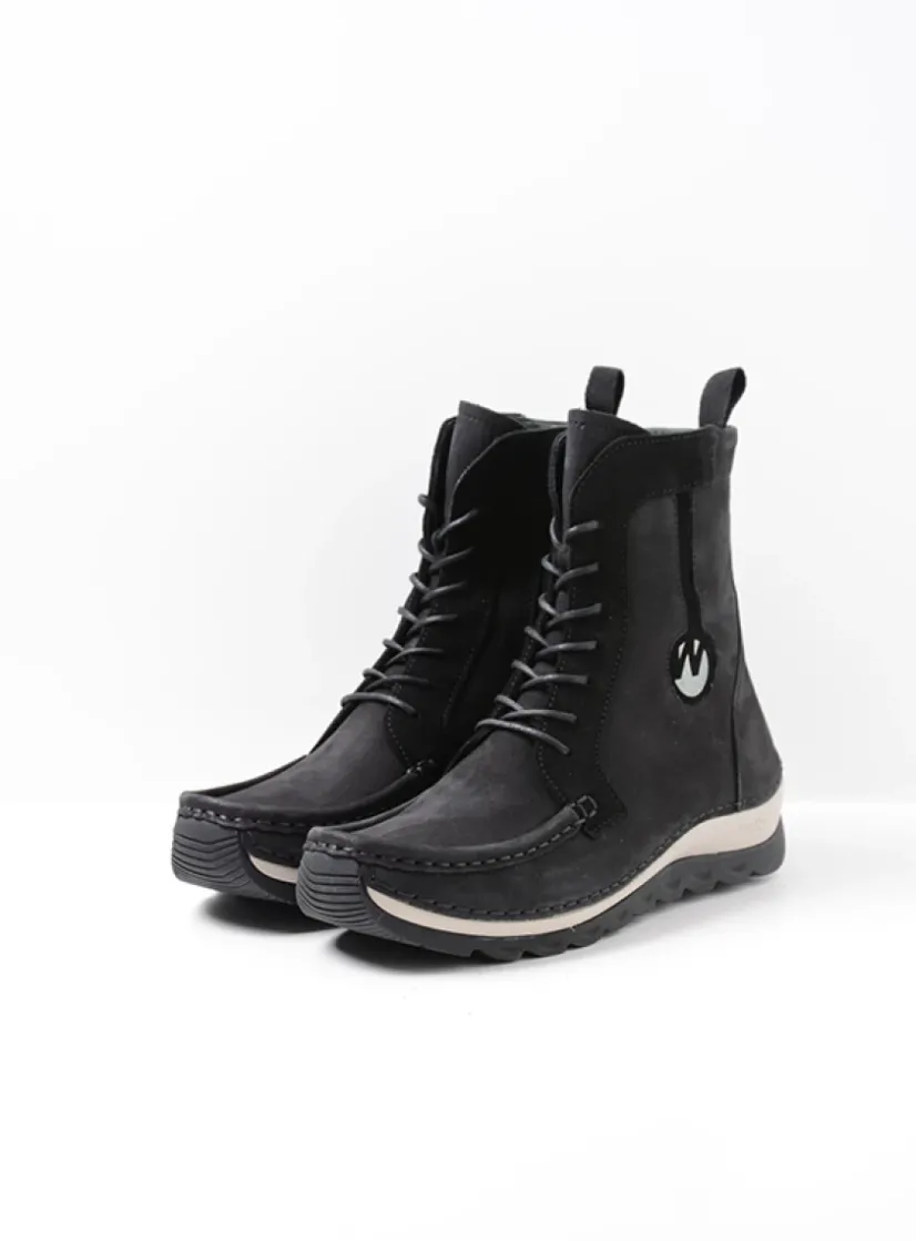 Wolky Ocean - zwart nubuck<DAMES Hoge Veterschoenen|Veterlaarzen