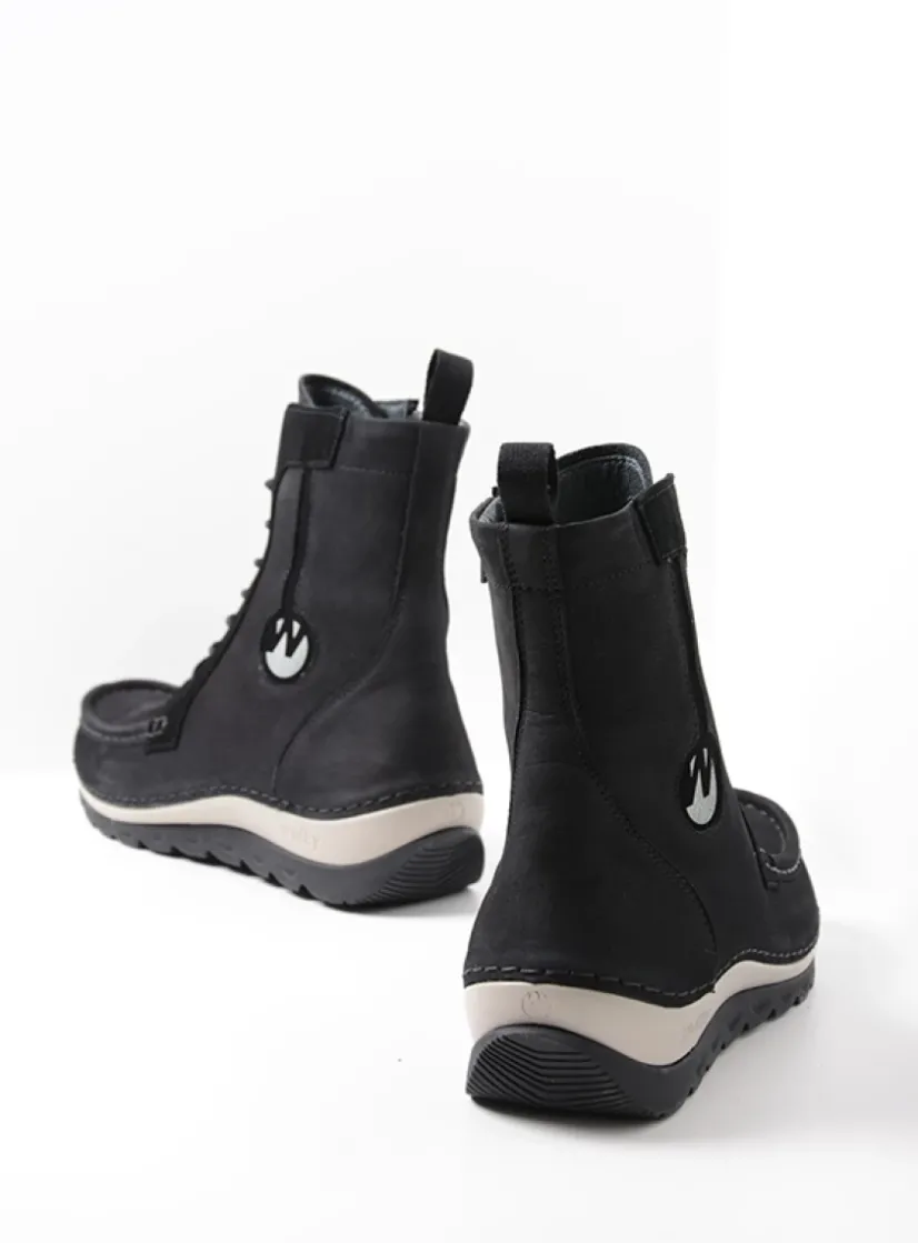 Wolky Ocean - zwart nubuck<DAMES Hoge Veterschoenen|Veterlaarzen