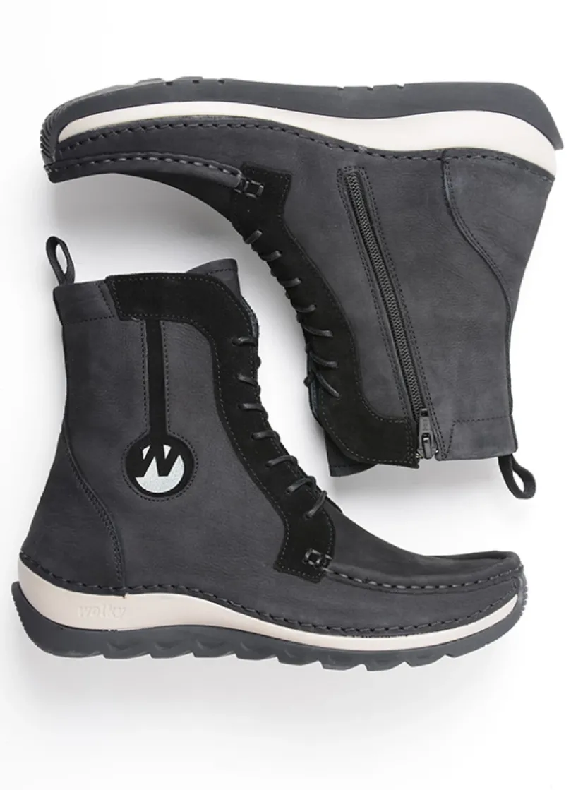 Wolky Ocean - zwart nubuck<DAMES Hoge Veterschoenen|Veterlaarzen