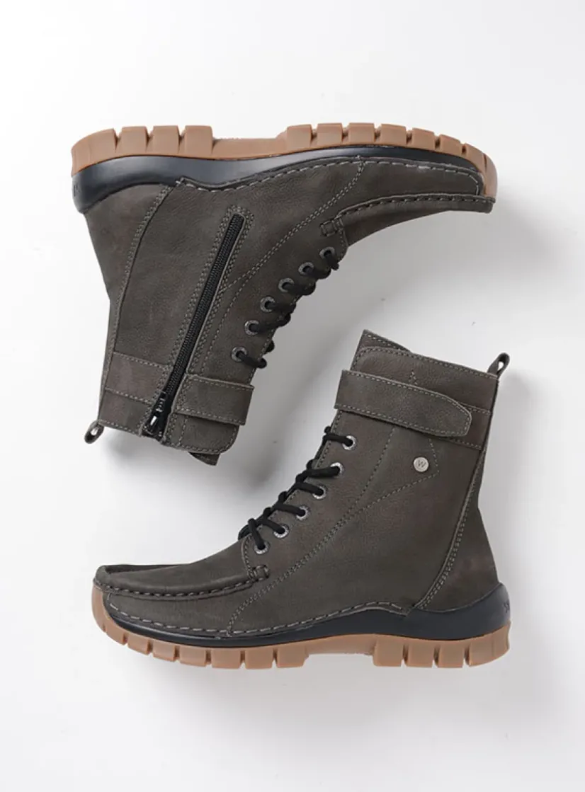 Wolky Reach - asfalt nubuck<DAMES Hoge Veterschoenen|Veterlaarzen