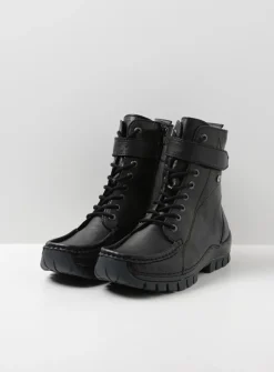 Wolky Reach - zwart leer<DAMES Hoge Veterschoenen|Veterlaarzen
