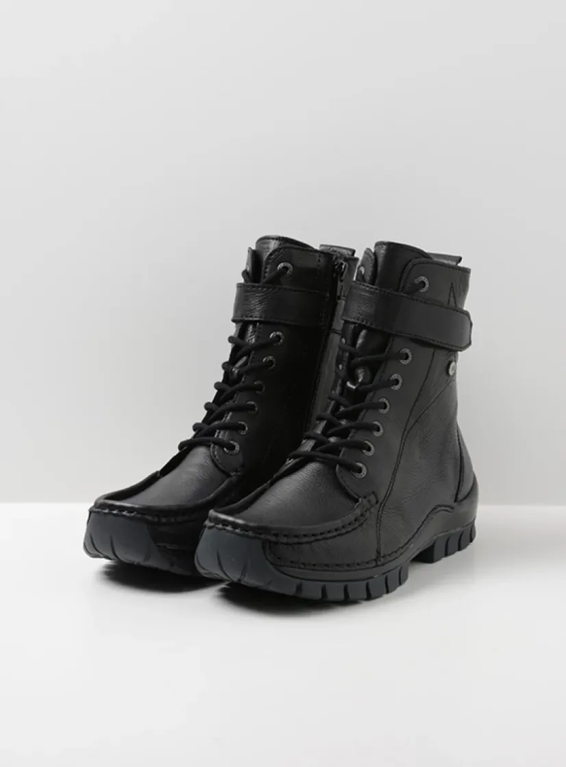 Wolky Reach - zwart leer<DAMES Hoge Veterschoenen|Veterlaarzen