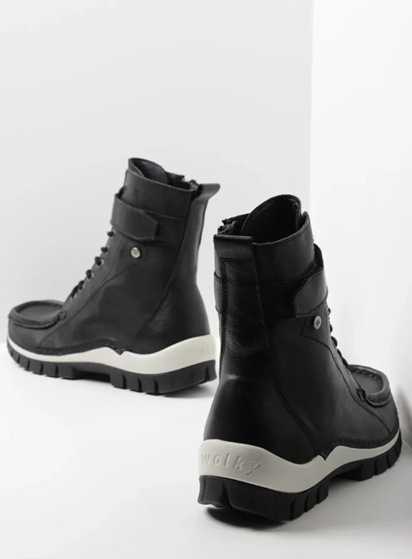 Wolky Reach - zwart/wit leer<DAMES Hoge Veterschoenen|Veterlaarzen