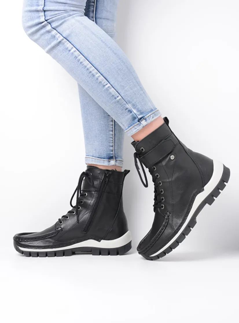 Wolky Reach - zwart/wit leer<DAMES Hoge Veterschoenen|Veterlaarzen