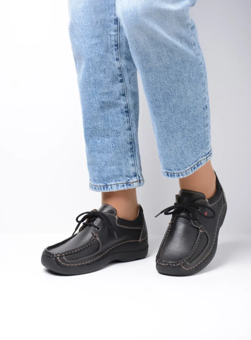Wolky Roll Shoe - zwart leer<DAMES Lage Veterschoenen