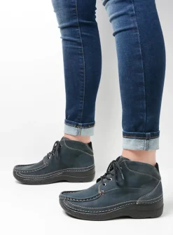 Wolky Roll Shoot - blauw nubuck<DAMES Hoge Veterschoenen|Herfst/Winter