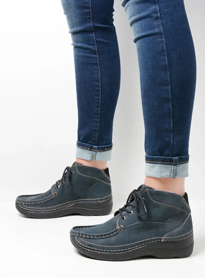 Wolky Roll Shoot - blauw nubuck<DAMES Hoge Veterschoenen|Herfst/Winter