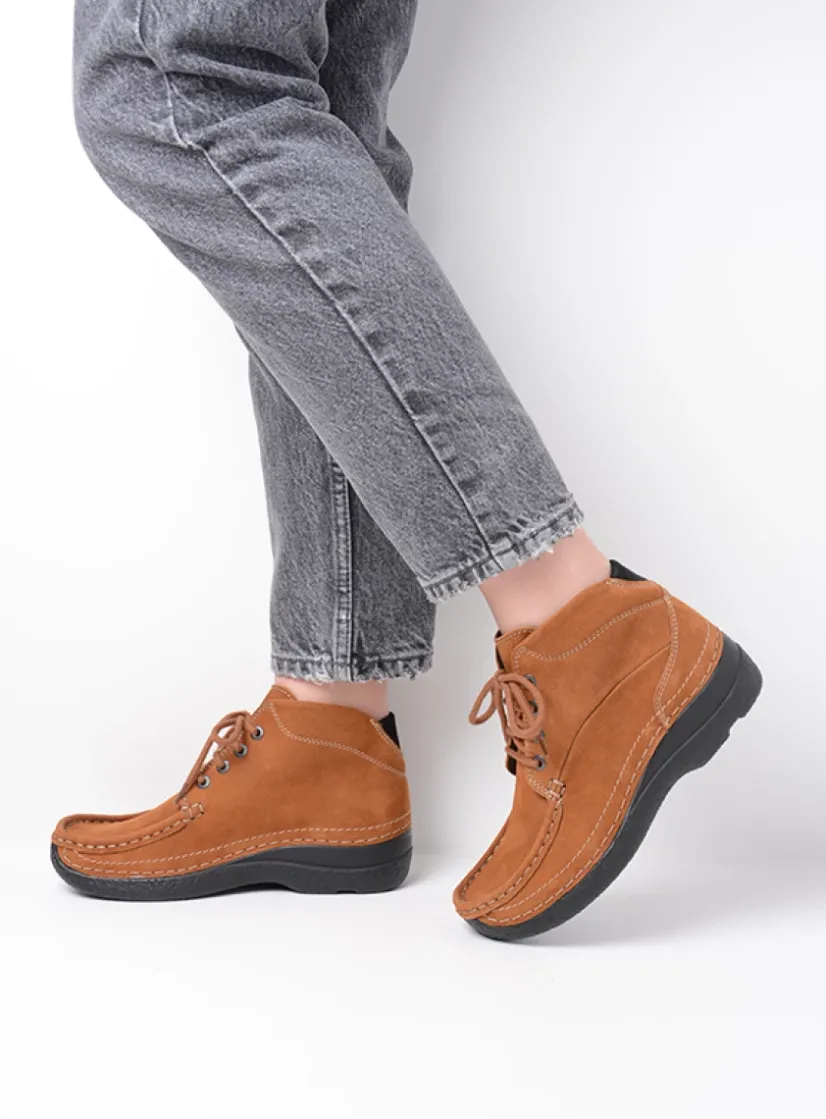 Wolky Roll Shoot - cognac nubuck<DAMES Hoge Veterschoenen|Herfst/Winter
