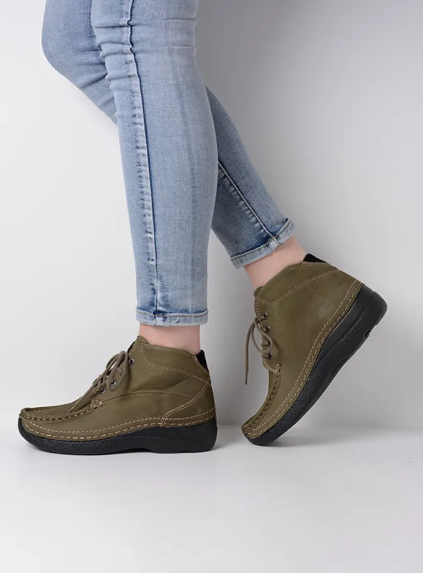 Wolky Roll Shoot - pesto groen nubuck<DAMES Hoge Veterschoenen|Herfst/Winter