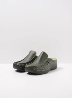 Wolky Roll Slide - forestgroen leer<DAMES Slippers|Klompen