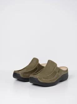 Wolky Roll Slide - pesto groen nubuck<DAMES Slippers|Klompen