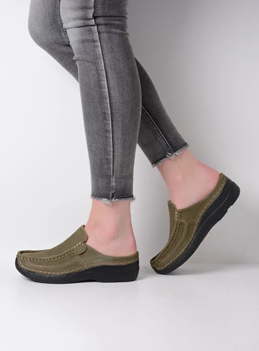 Wolky Roll Slide - pesto groen nubuck<DAMES Slippers|Klompen