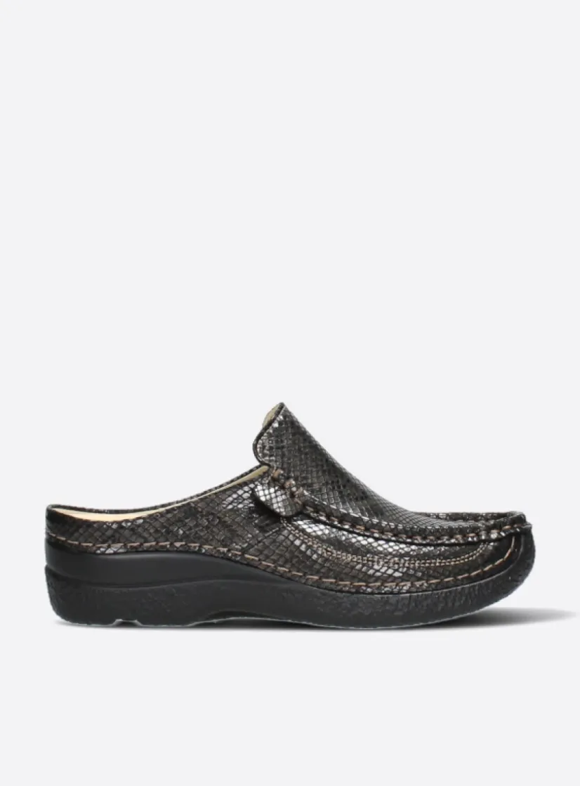Wolky Roll Slide - slangenprint donkerbruin leer<DAMES Slippers|Klompen