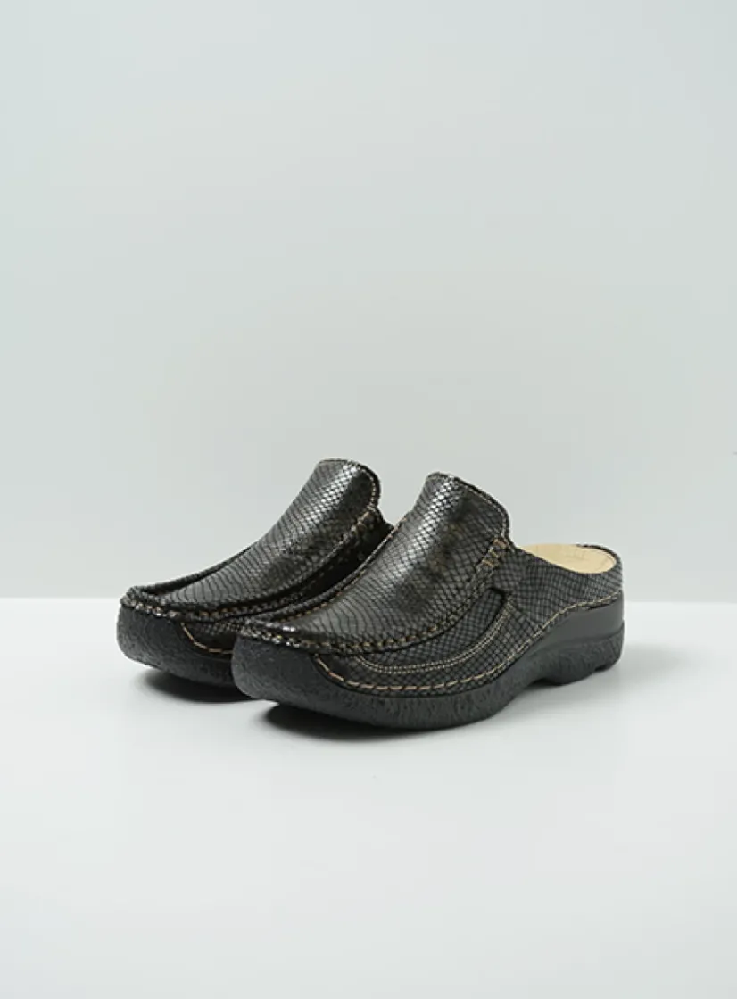 Wolky Roll Slide - slangenprint donkerbruin leer<DAMES Slippers|Klompen