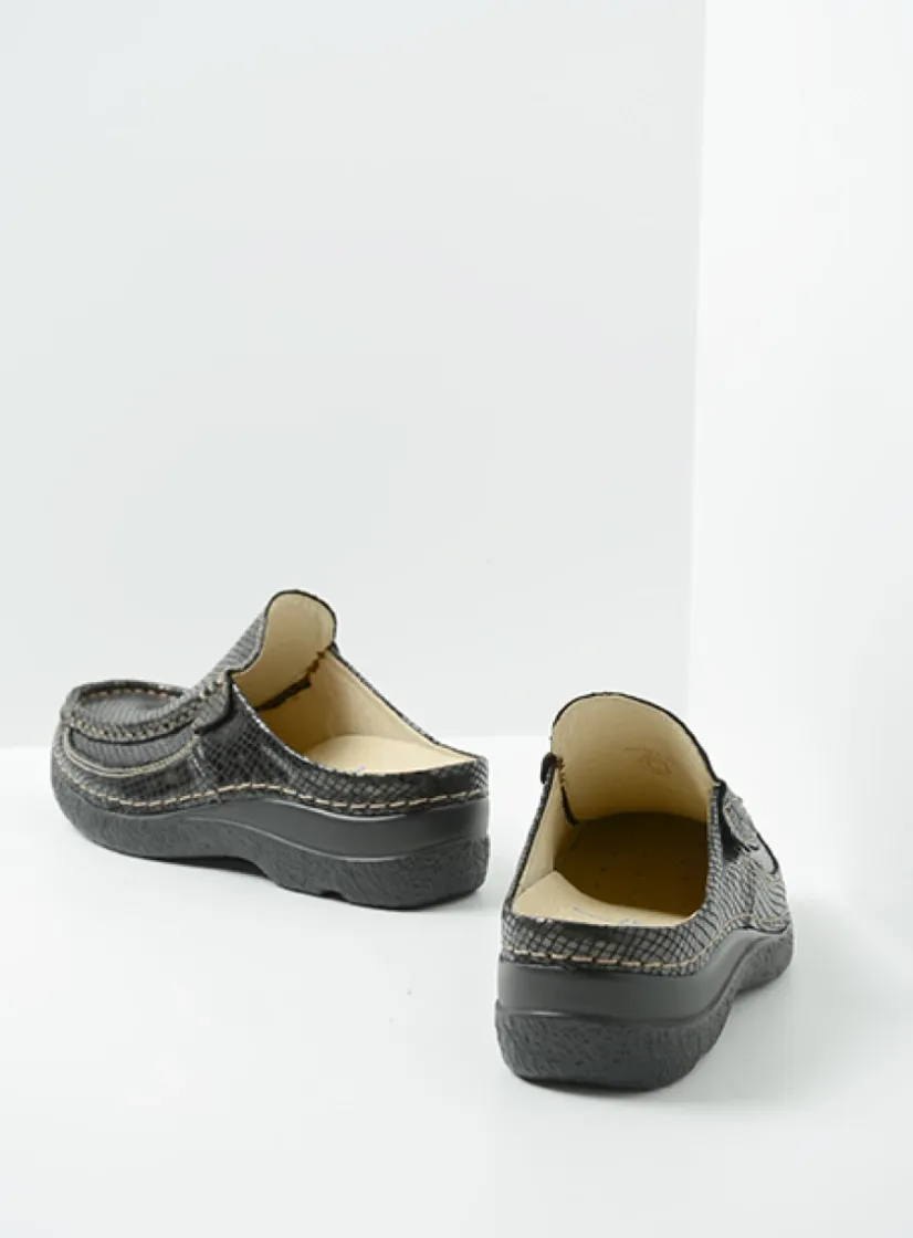 Wolky Roll Slide - slangenprint donkerbruin leer<DAMES Slippers|Klompen